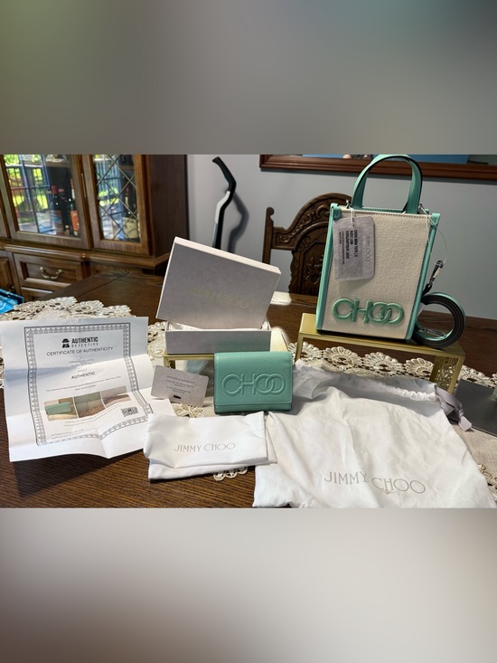 Jimmy Choo Handbags - Jimmy Choo Mint Green and Cream Leather Mini Tote with Matching Card Wallet